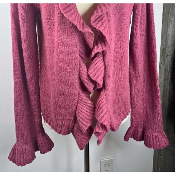 KIABI WOMAN Fuchsia Pink Purple Ruffle Wool Mohair Blend Cardigan Sweater Size L - Picture 4 of 15